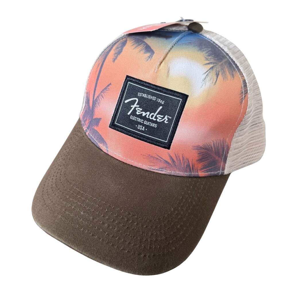 Fender Paradise Logo Hat Sunset Palm Tree Trucker Cap